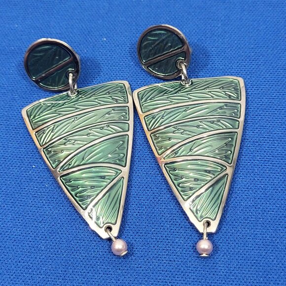 Edgar Berebi Art Deco Style Green Enamel & Silver Tone Earrings Clip-On Vtg 80's - Picture 1 of 3